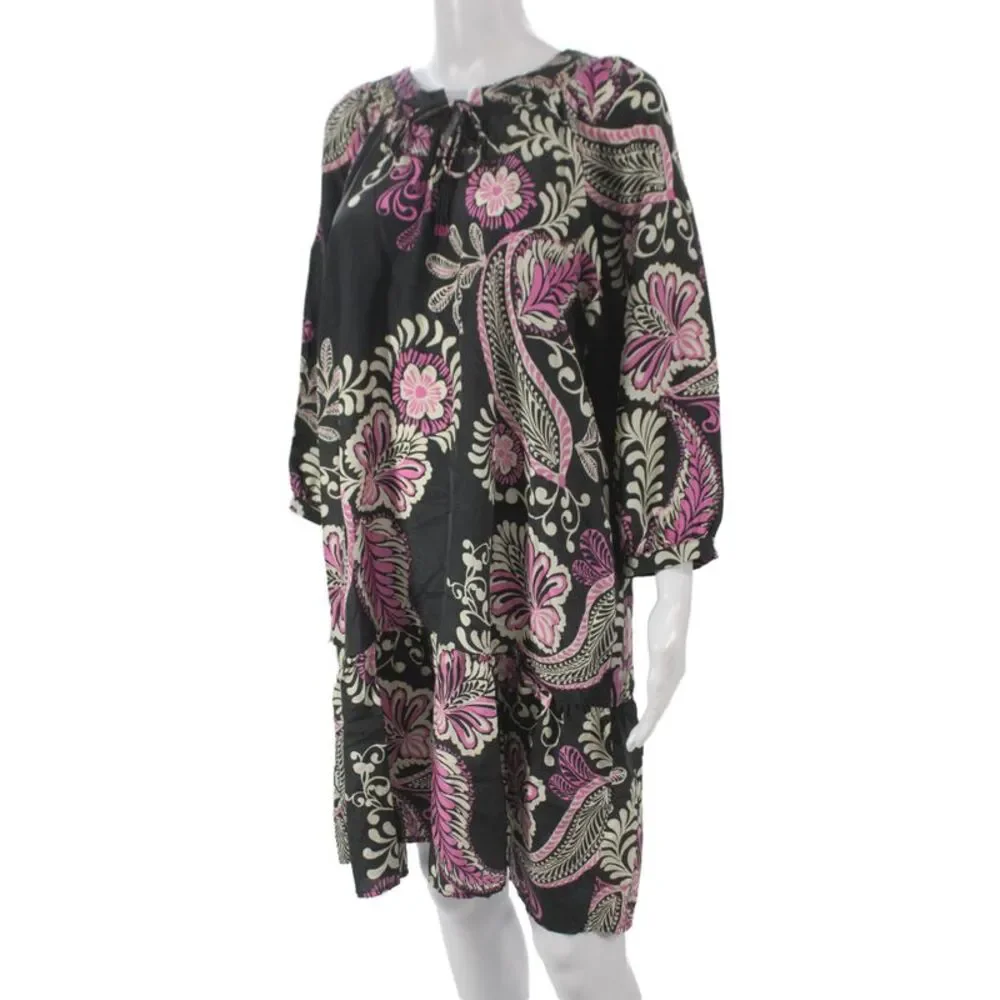 Johnny Was Workshop Womens Silk Black Shift Dress 3/4 Sleeve Tie Size L